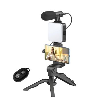 Vlogging Kit 6 in 1 for iPhone, Android (with Tripod), Mini LED + Cardioid Microphone + Phone Clip + Tripod for Live Broadcasting, Video Calling , stand
